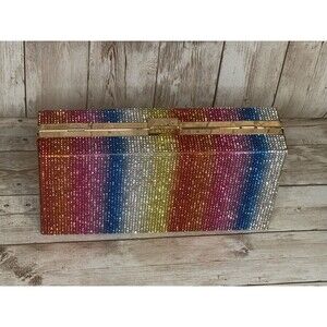 Caleesa Stripe Rainbow Rhinestone Metal Shoulder Clutch Crossbody Purse
